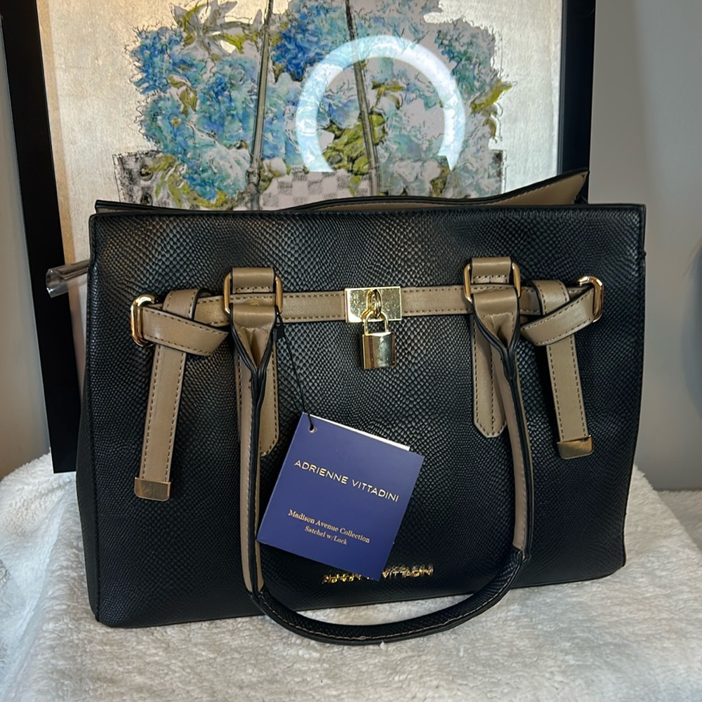 NWT Adrienne Vittadini black vegan leather with tan trim gold hardware